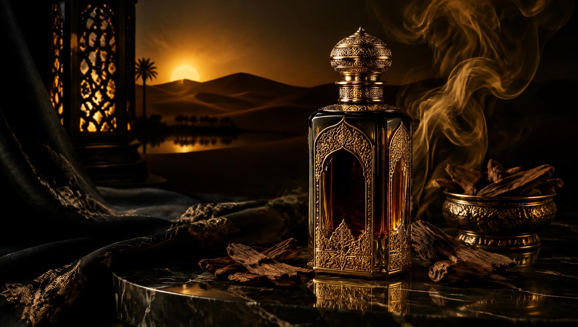 Frasco de perfume árabe dourado no deserto